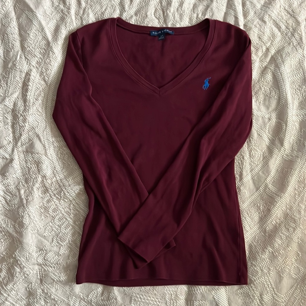 Ralph Lauren Maroon V-neck Cotton long Sleeve Fitted Sweater